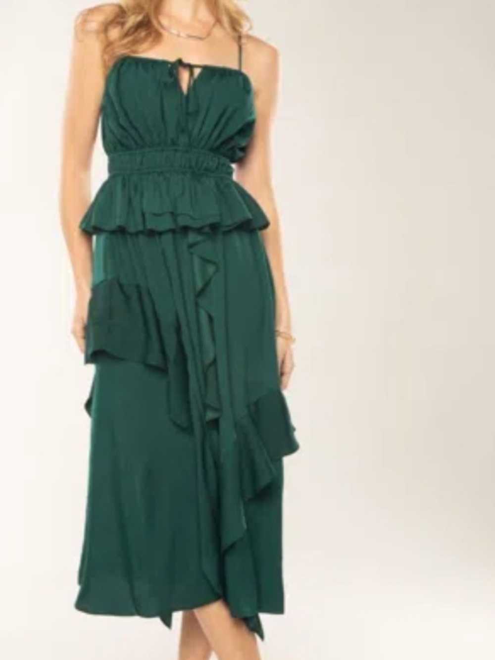MISS ME
Asymmetric Tiered Midi Dress In Hunter Green Nwt